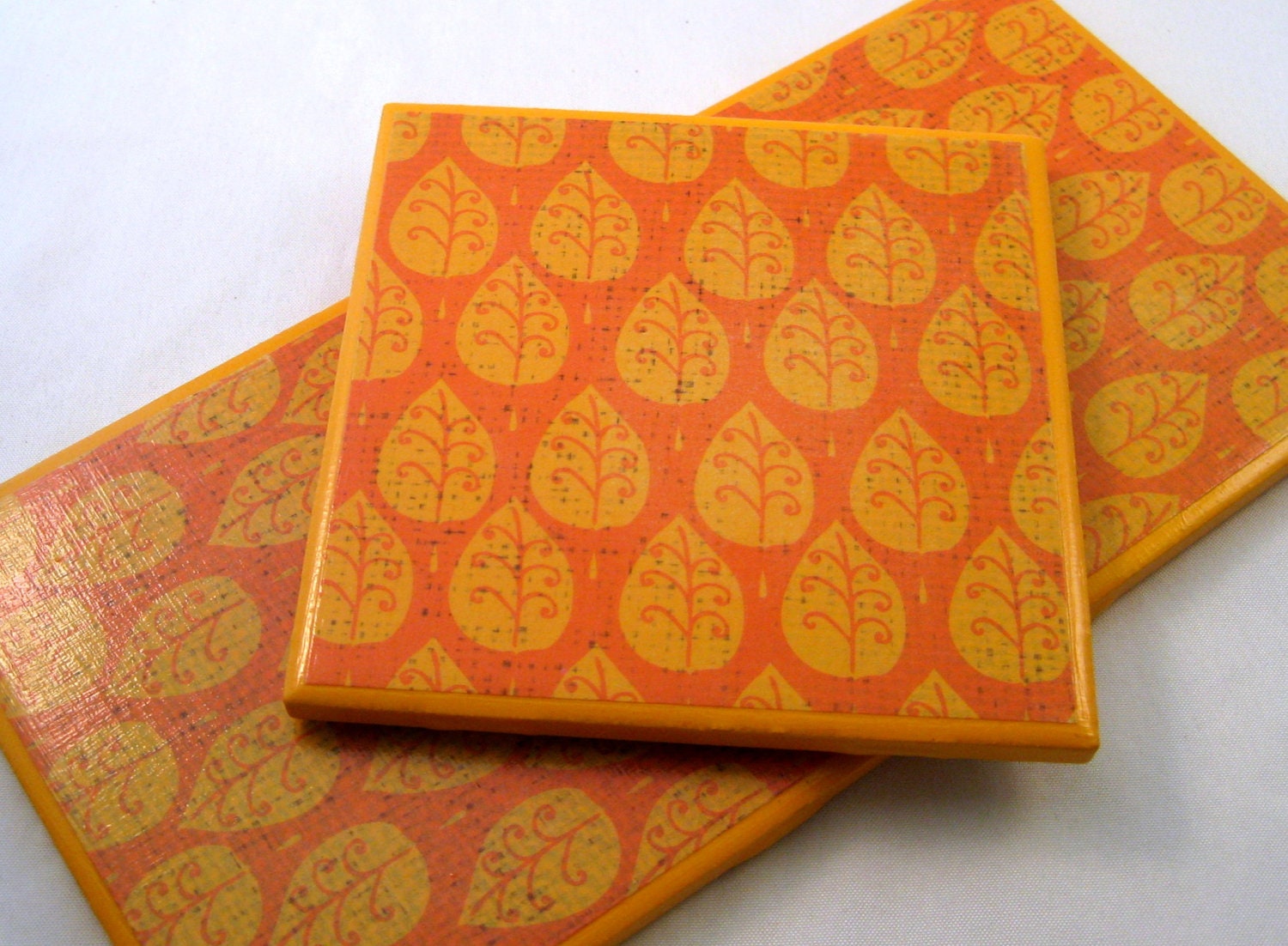 Three Golden Orange Ceramic Coasters - Fall Leaves