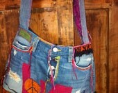 Crossbody Love Peace Hippie Hobo Denim Bag - Disc Promotions, when active, do not NOT apply to custom made orders.