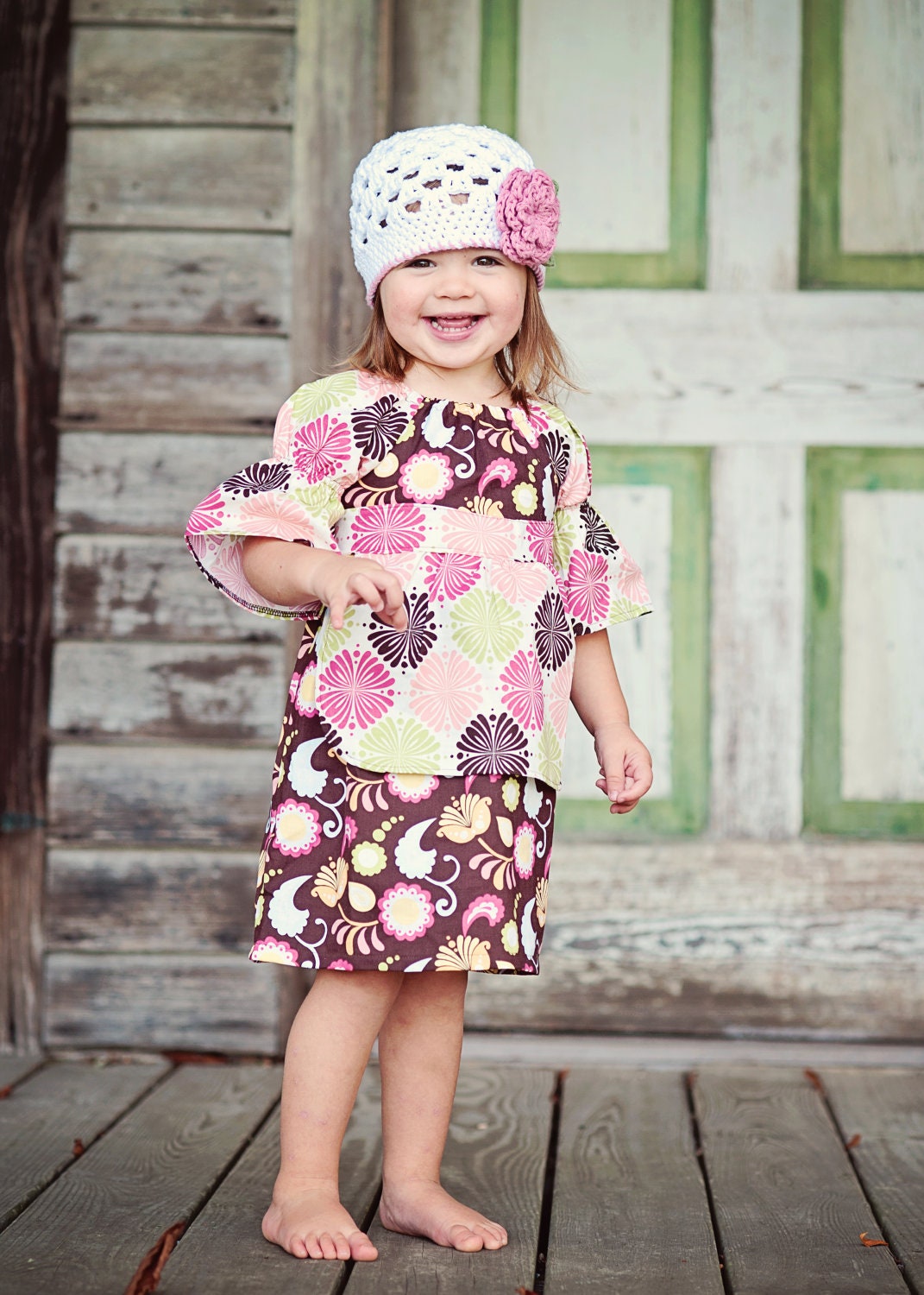 Girls Crochet Beanie Hat - White Rose Pink and Sage