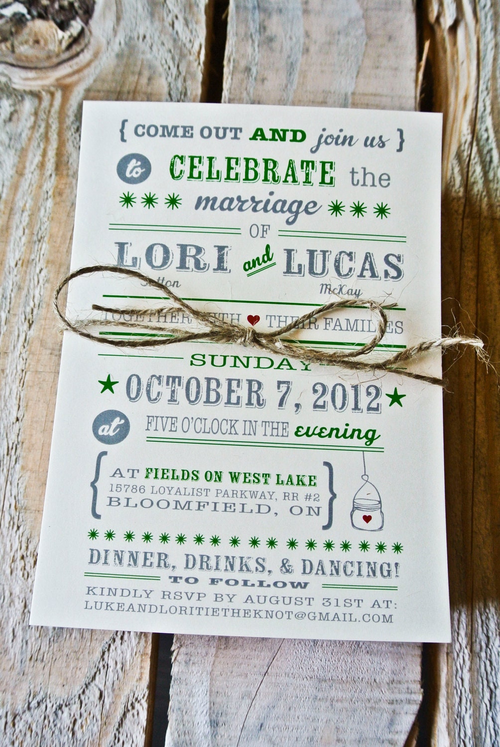 Wedding Invitation: Rustic Mason Jar - Green and Gray