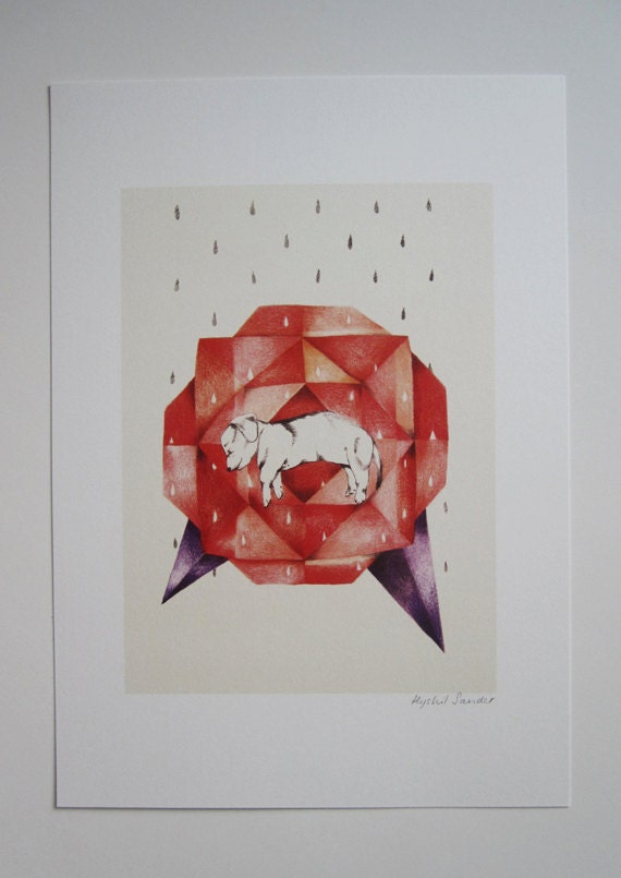 Puppy in origami rose A4 print // Pink Ribbon Foundation print