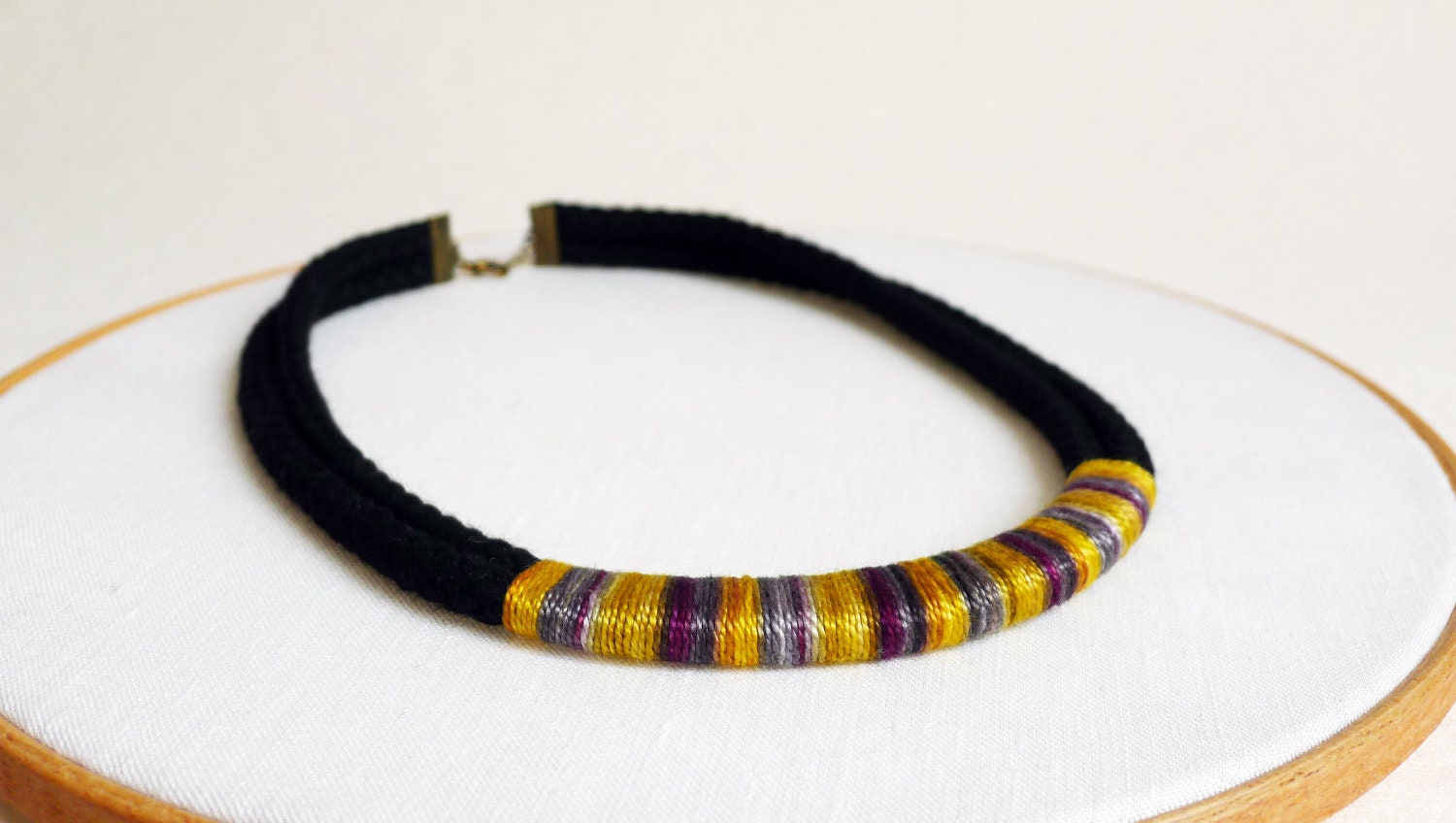 50% Off Rope Necklace in Ombre Mustard Yellow Cotton Thread and Black Rope