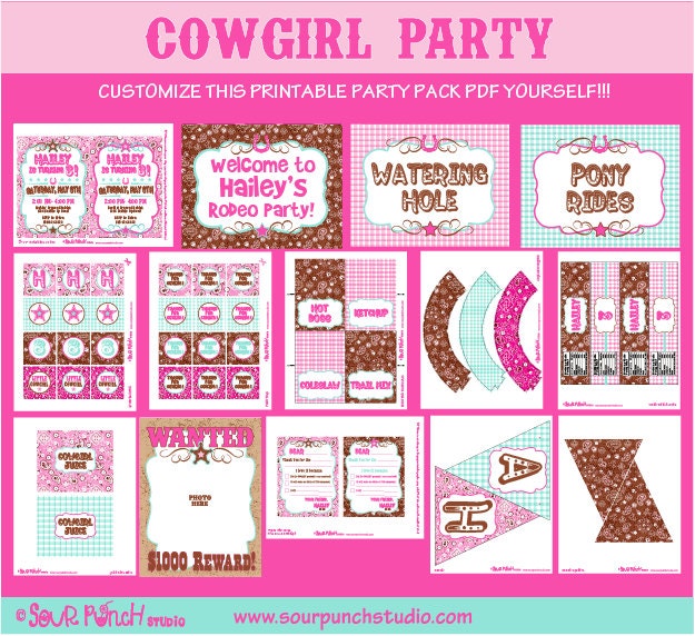 INSTANT DOWNLOAD, Cowgirl Western Printable Party Package, You Edit Yourself in Adobe Reader