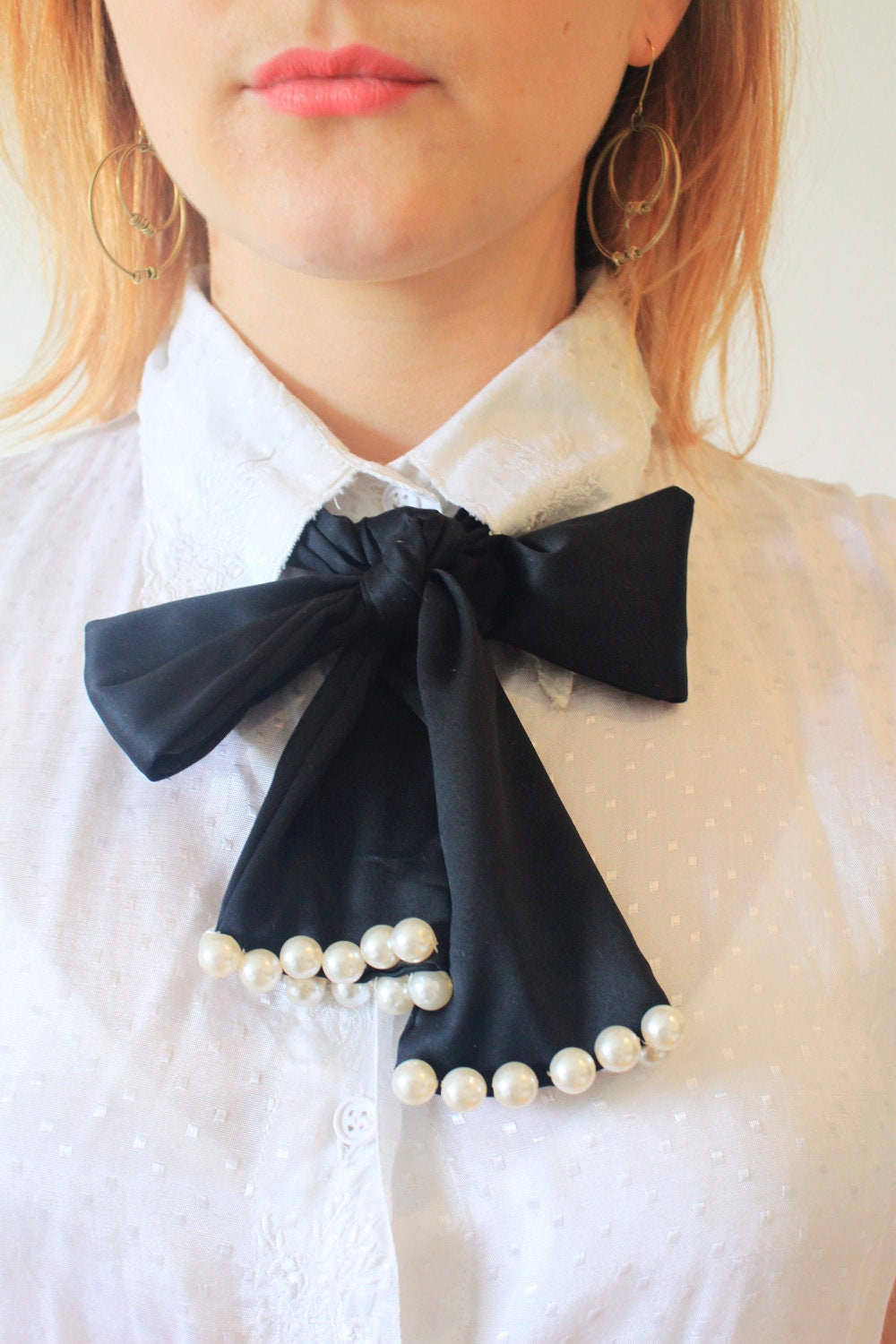 Buy-1-Get-1-Free: Black Satin Ladies Necktie With Pearl Trim