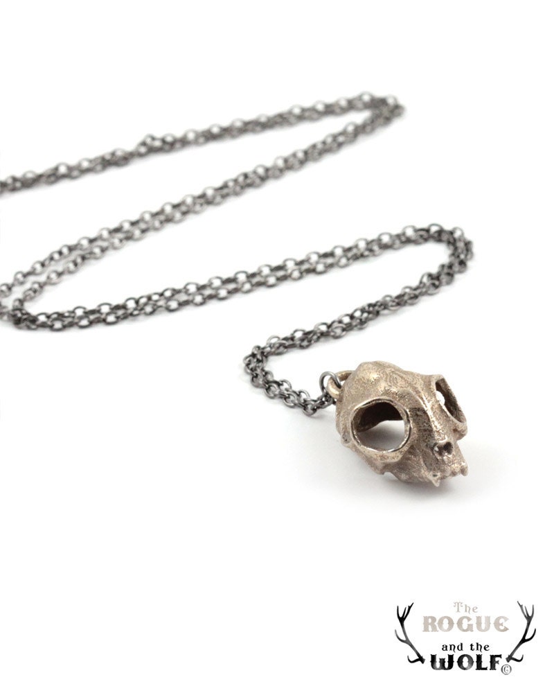 Cat Skull Necklace, skull necklace, rock chic necklace, cool fashion jewelry, animal skull, kitten skull pendant, statement piece