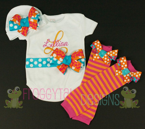 PERSONALIZED Layette Newborn Bodysuit Onesie Bow Beanie and Leg Warmer Outfit for Little Baby Girls - MONOGRAMMED Custom