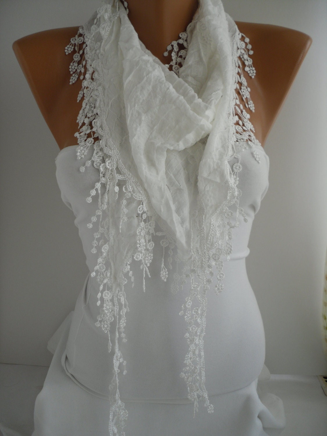White Shawl and Scarf Headband -Cowl with Lace Edge Summer Trends