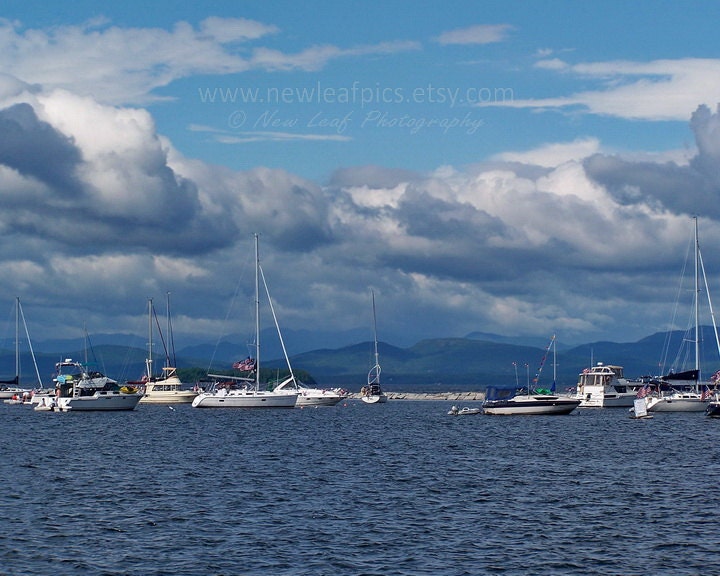 Lake Champlain print, boats in harbor, landscape photograph, blue and white wall art, fine art photography, 8x10