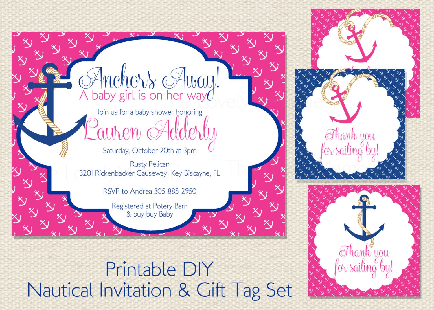 Pink Nautical Baby Shower /Bridal Shower /Birthday Printable DIY Invitation and Gift Favor Tags Set Il_570xn