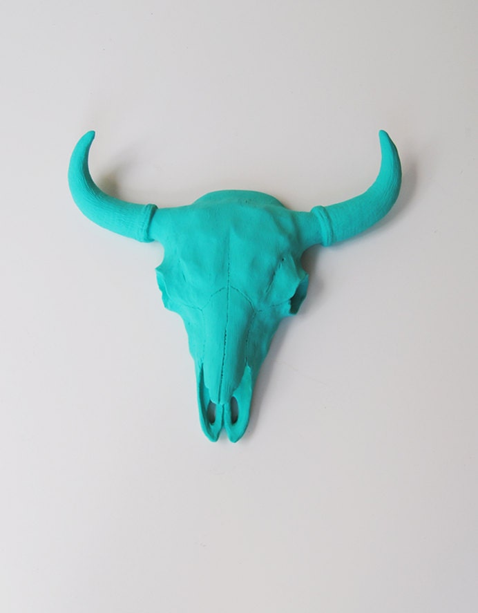The Malm - Turquoise Resin Buffalo/Bison Skull Head- White Faux Taxidermy- Chic & Trendy - WhiteFauxTaxidermy