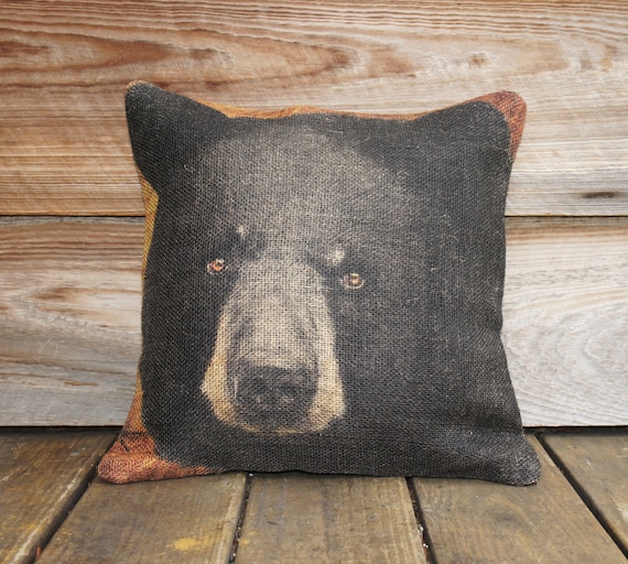 Burlap Pillow Cover of Black Bear, Throw Pillow, Cushion Cover, Rustic Furniture 16x16 Cabin Lodge Mountain