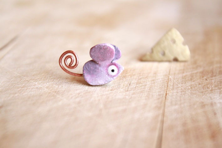 Mouse&Cheese- Stud Earrings Bronze-Handpainted with acrylics - anoushebarzegar