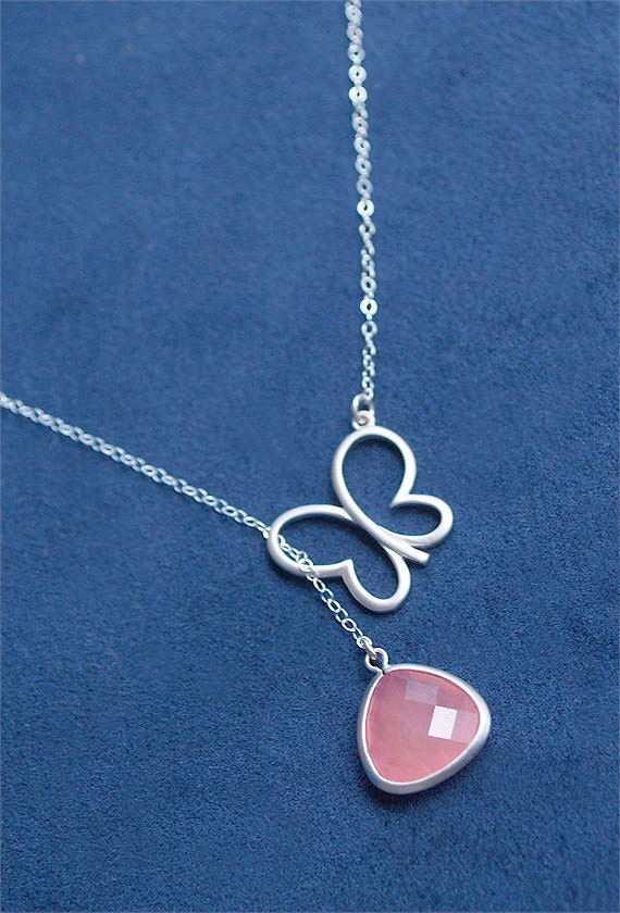 Butterfly Necklace Lariat with Pink Stone - Grapefruit Pink Stone Neckace on Sterling Silver Chain