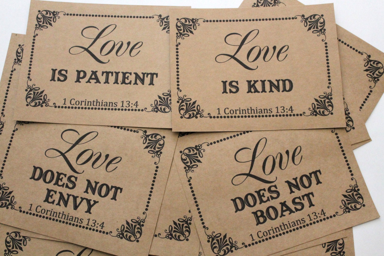 1 Corinthians 13: 4-8 & 13- Bible Phrases/ Christian/ Religious/ LOVE IS Wedding Table Numbers on Kraft Paper- Set of 18