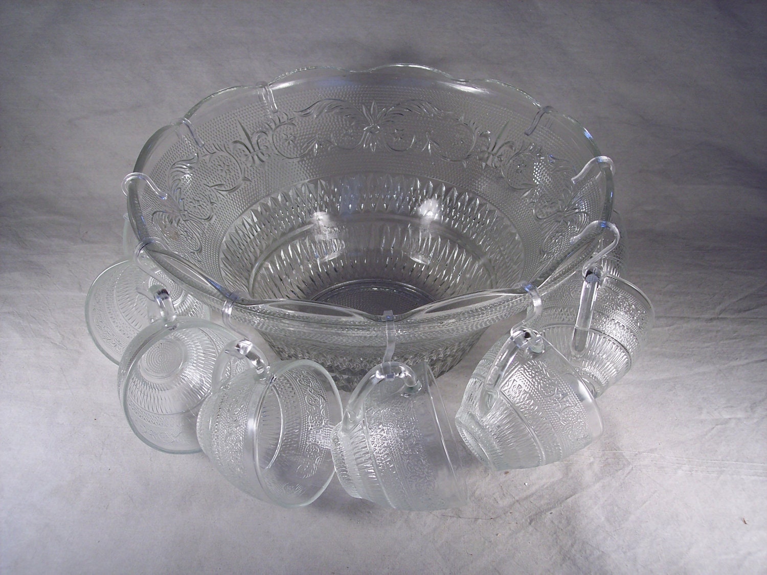 Vintage Mid-Century Clear Glass Punch Bowl Set