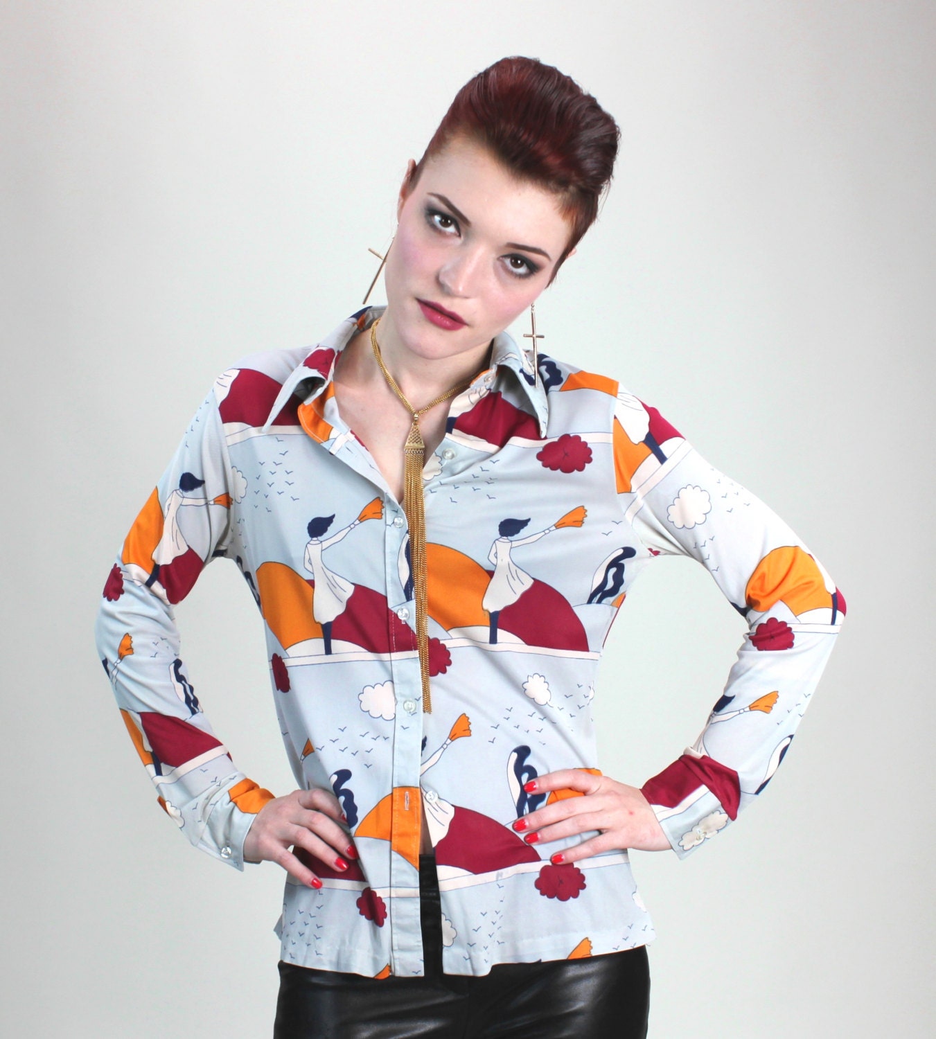 1960s Art Deco Erte Neon Disco Print Button Down