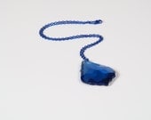 Dark Blue Crystal Pendant Necklace w/ Blue Color Chain French Cut