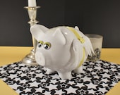 Money Box / Piggy Bank / White Money Bank with White Feather Wings and Yellow satin Ribbon,Handmade by N-Chanted Clocks & Gifts in Australia