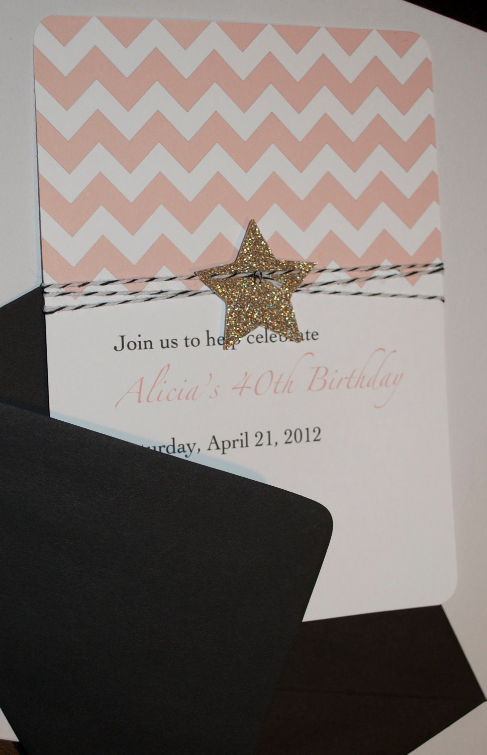 Chevron, glitter star and bakers twine pink and gold birthday invitation