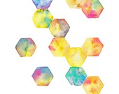 Hexagon geometric watercolour art print yellow blue pink purple rainbow
