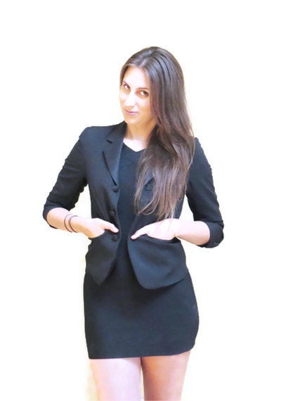 Cropped Black Blazer -Women Vintage Clothing Size 5 6 Small // FREE SHIPPING //