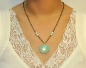 Light Green Flower Necklace -Mother's Day gift, bead, bronze jewelry chain, lobster claw clasp
