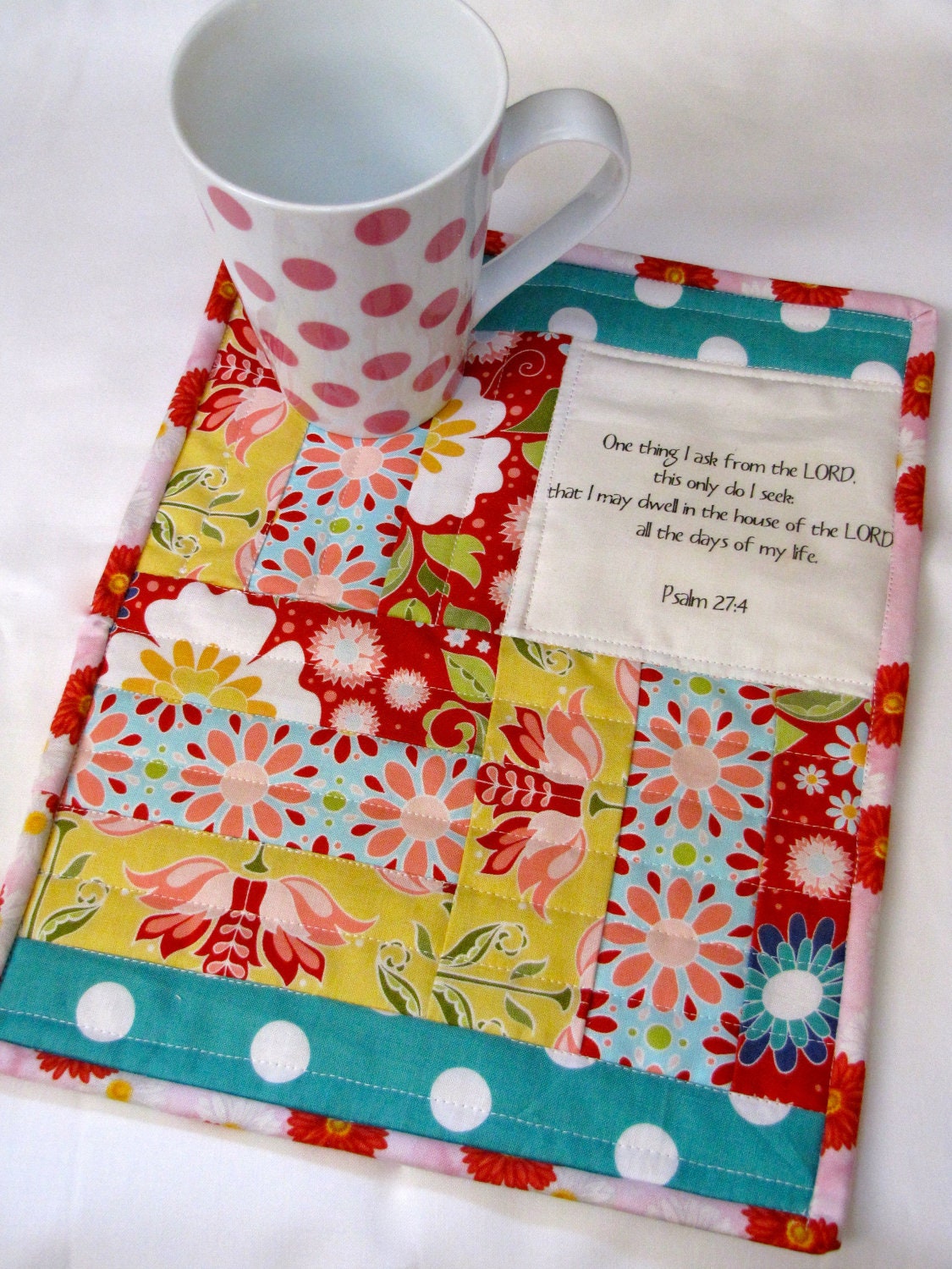 Psalm 27:4 scripture mini quilt, quilted mug rug, made to order