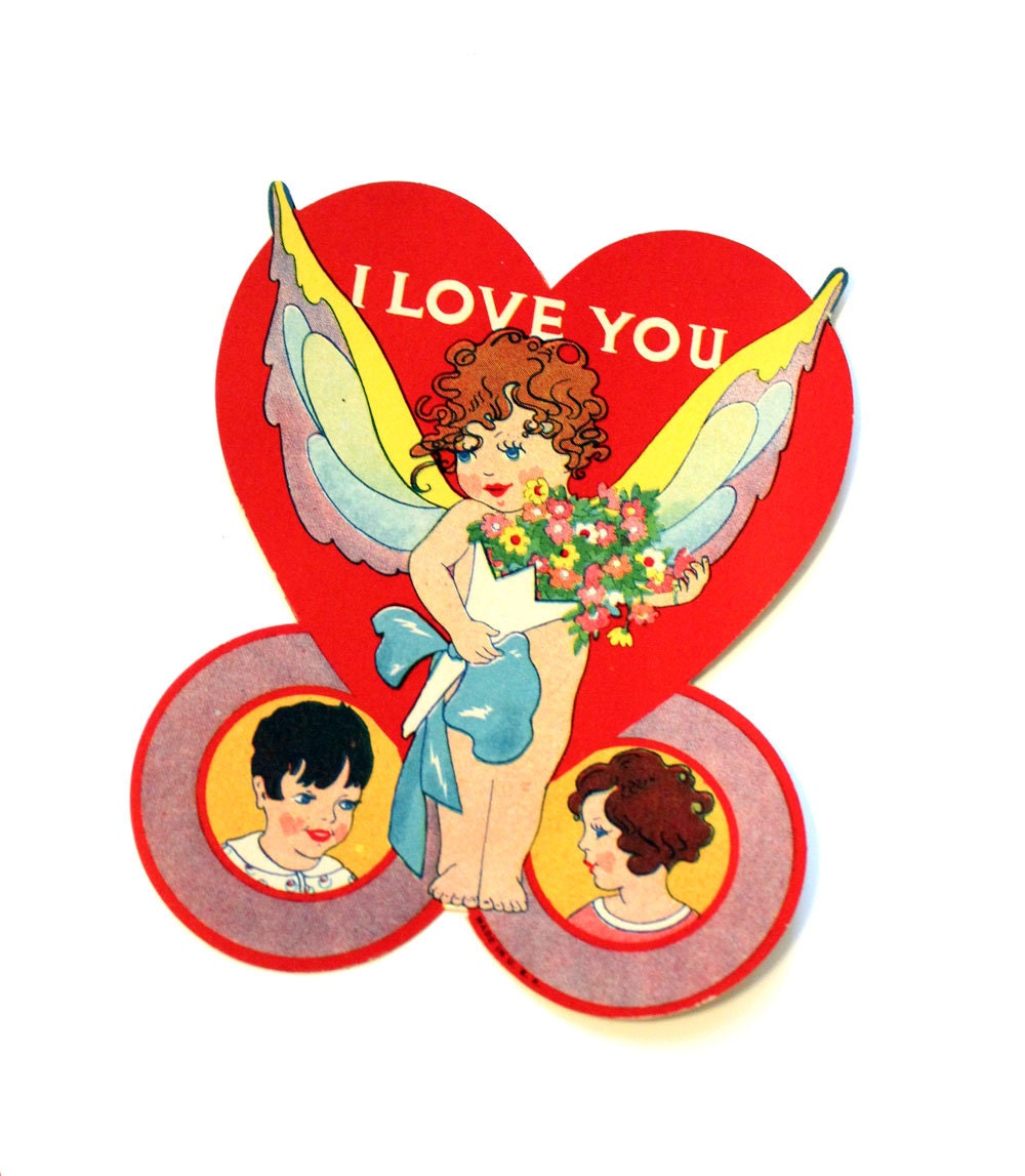 VIntage 1920s Valentine's Day Card- Art Deco- Heart, Angel, Boy Girl UNUSED