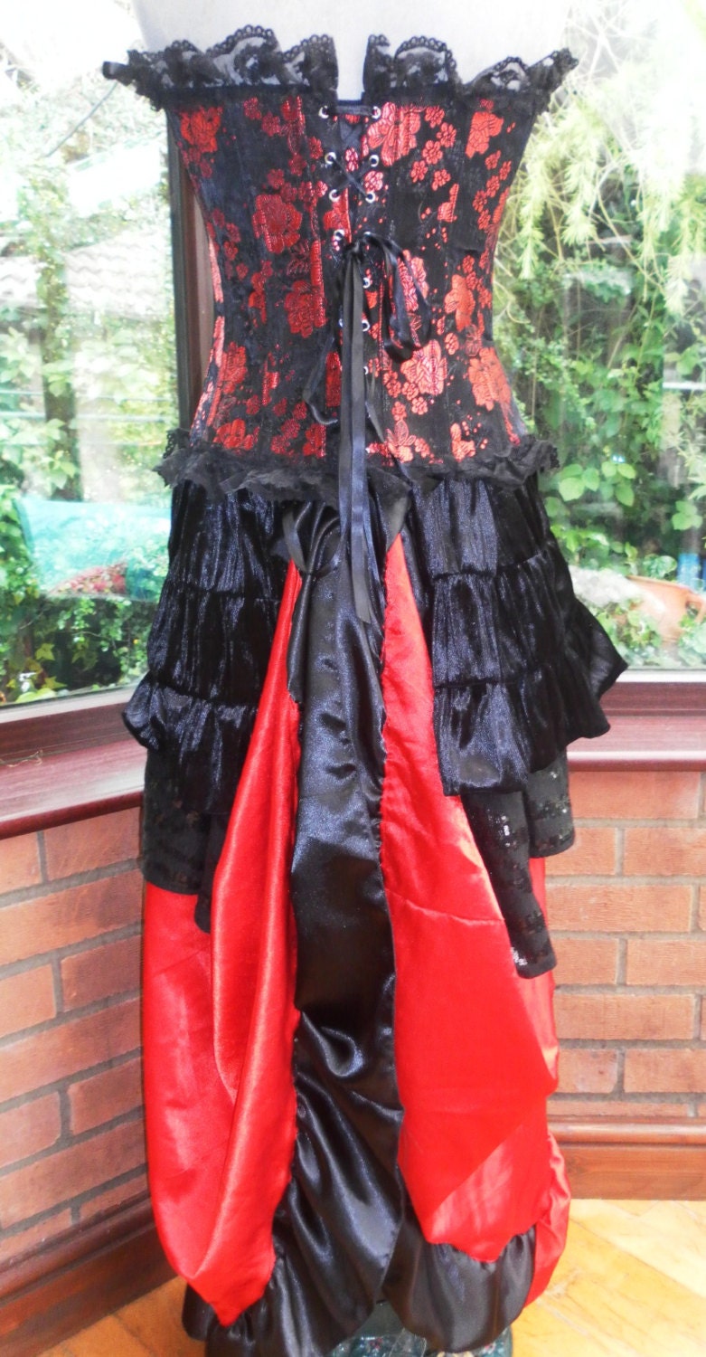 Handmade Steampunk full bustle sparkle red black lace corset dress goth zombie full length in frilled layers front ajustable ties