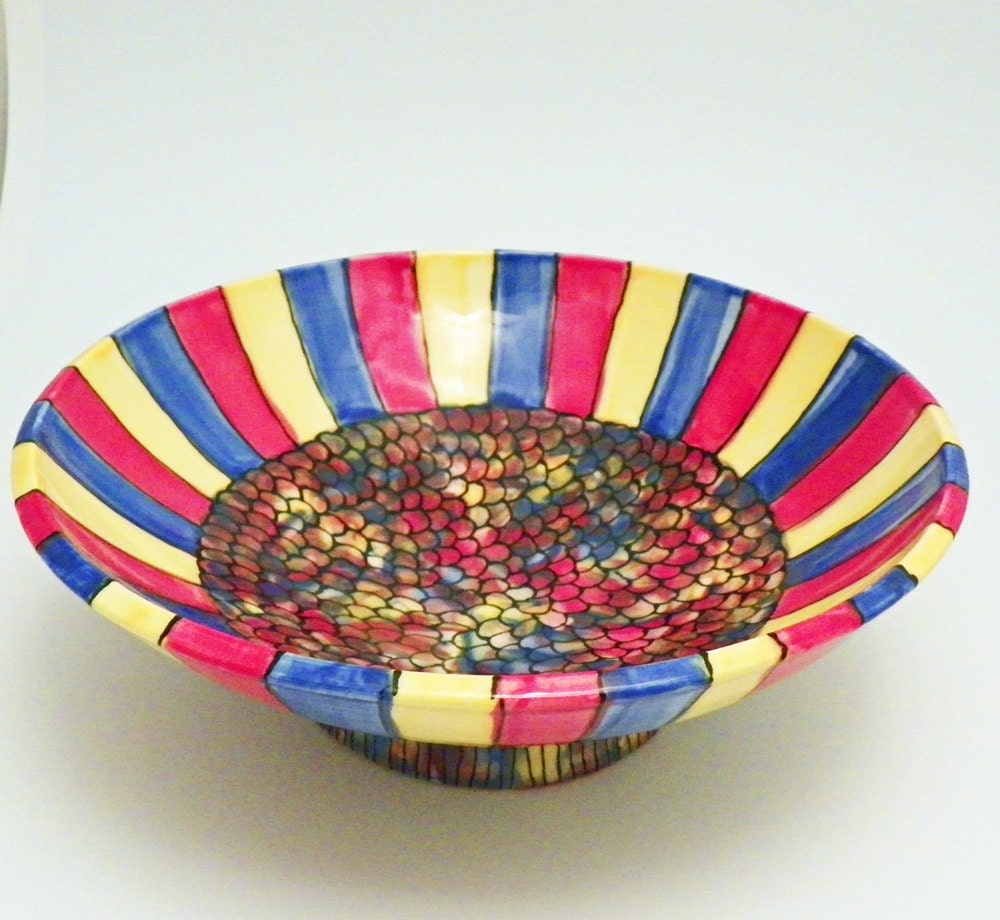 Ceramic Bowl Handmade Red Yellow Blue Stripes and Scales READY TO SHIP