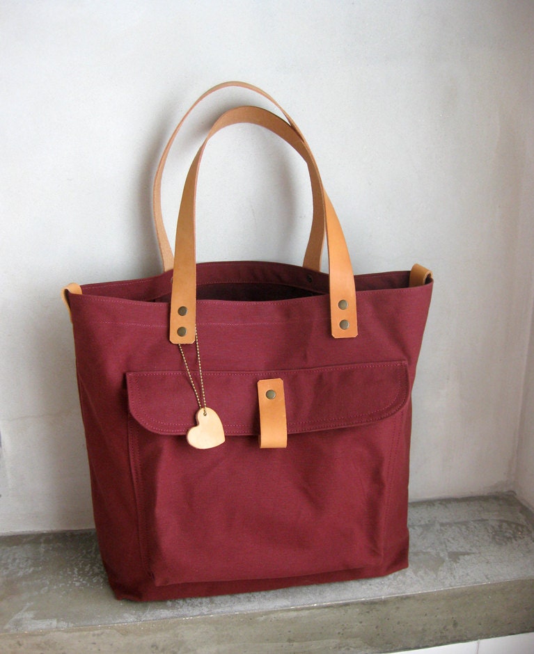 Burgundy Tote Bag Canvas Waxed with Leather Straps by avivaschwarz