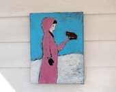 Original Acrylic Portrait Painting Girl, black bird, hand, snow, winter, blue sky, pink coat  - Sweet Bird of Youth II