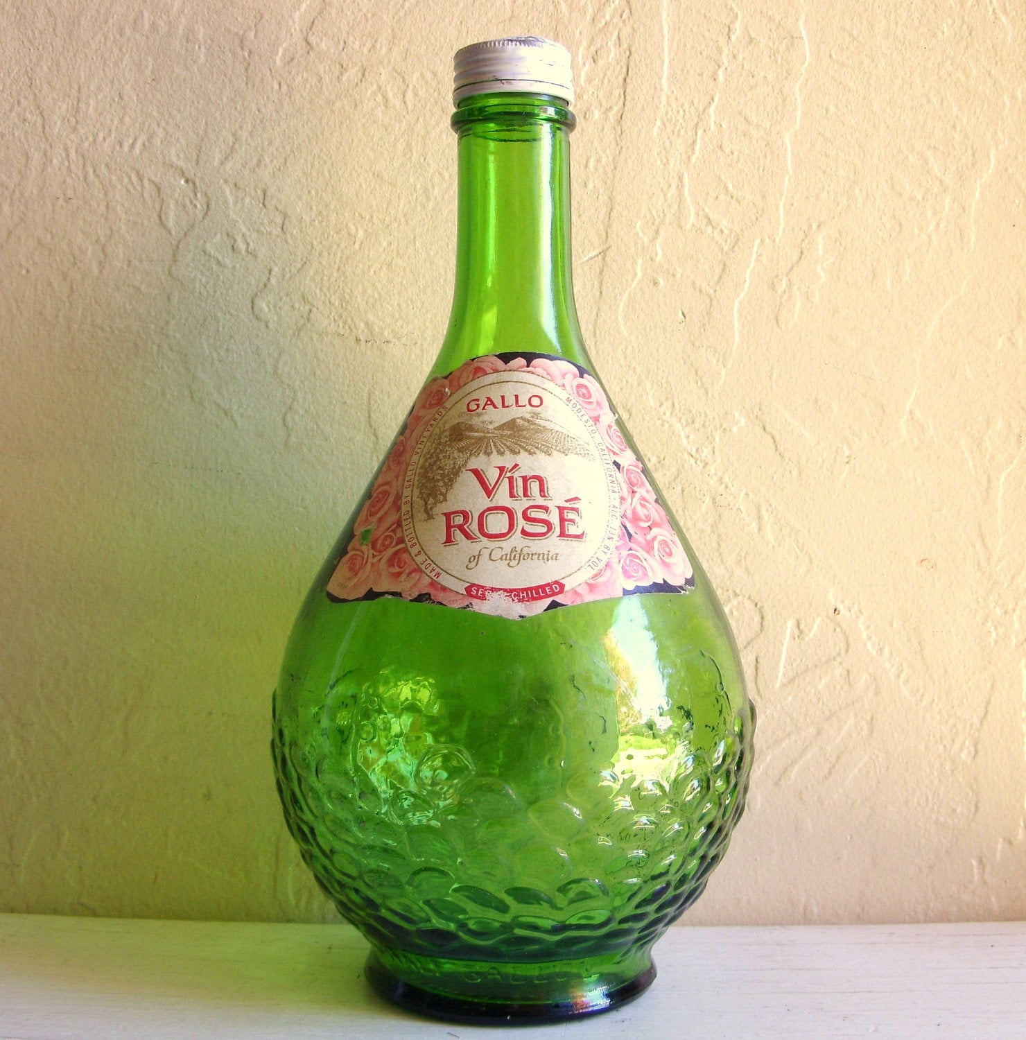 Vintage Vin Rose Green Glass Wine Bottle with Metal by ShabbyNChic