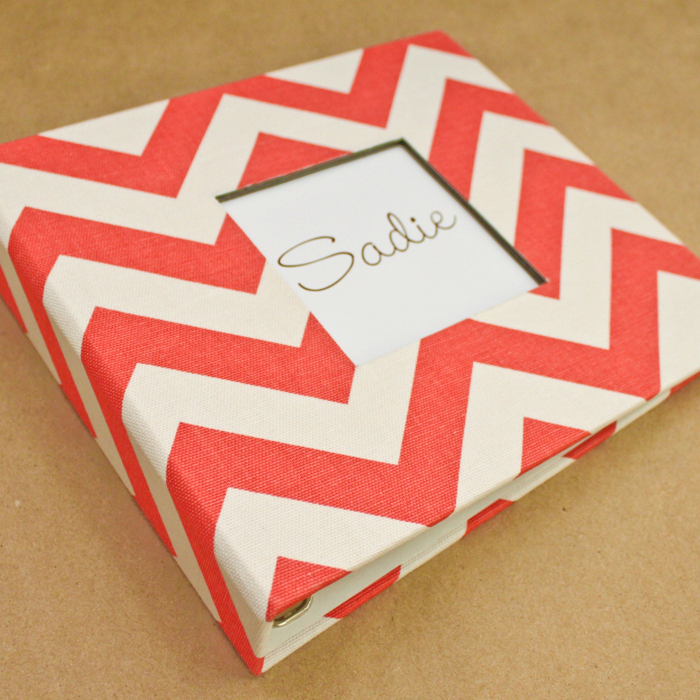PRE-ORDER...Baby Memory Book - Coral and White Chevron (78 designed journaling pages & personalization included with every album)