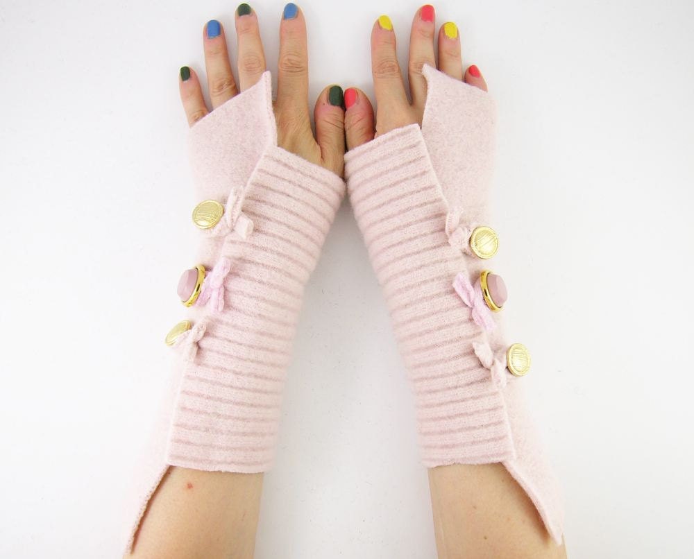 fingerless gloves arm warmers fingerless mittens arm cuffs pale pastel pink recycled wool eco friendly fall autumn tagt curationnation