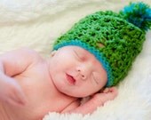 Crochet Baby Boy Hat with Pom Pom - Green and Teal Hat w/ Pom Pom