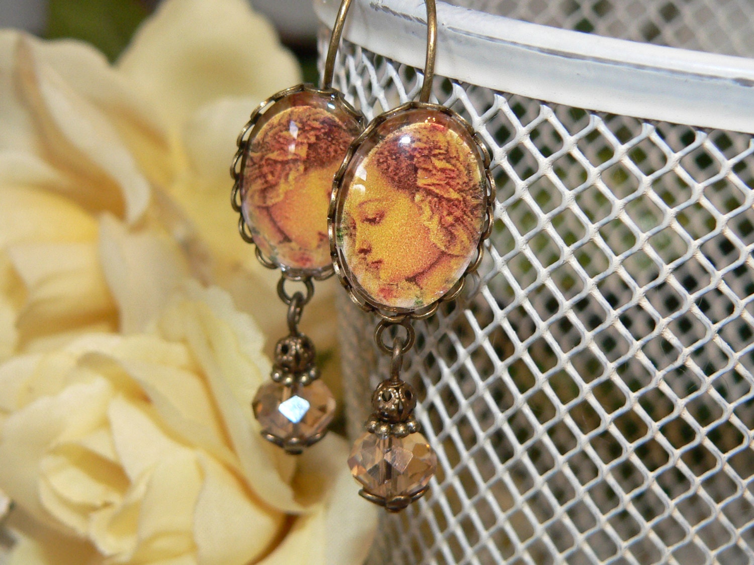 Victorian Woman Cameo Crystal Dangle Earrings
