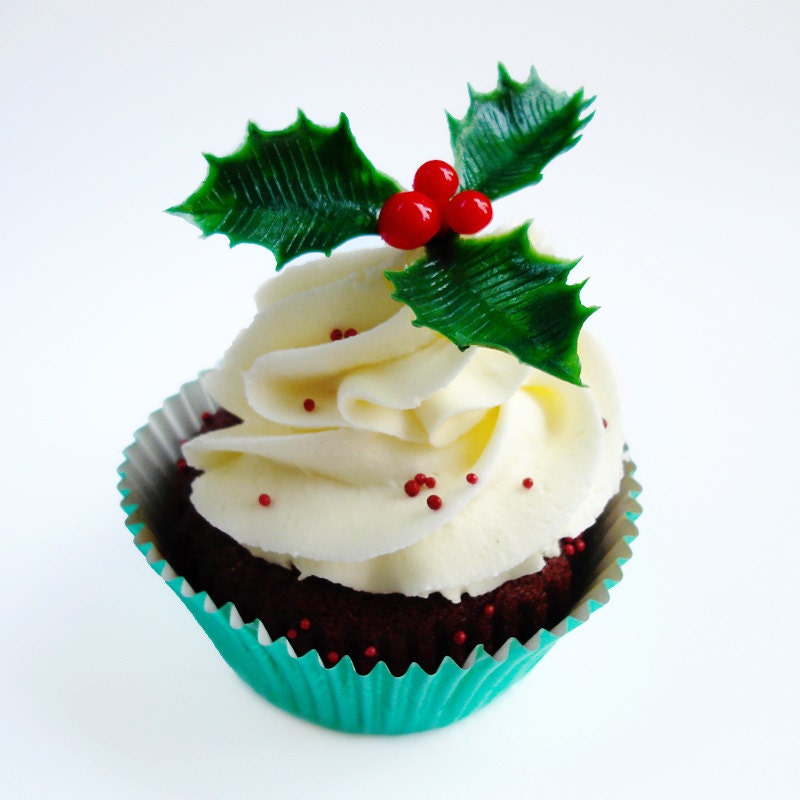 12 Christmas Holly Berry Cupcake Toppers Holly Leaf and Berries Holiday Cake Picks Il_170x135