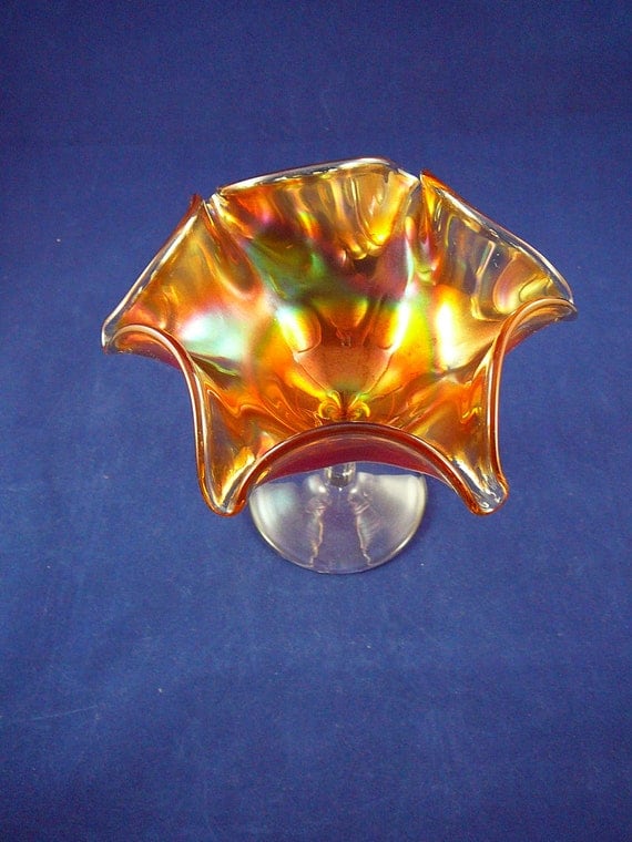 Iridescent Orange Carnival Glass Crimped Pedestal Compote/ Dish