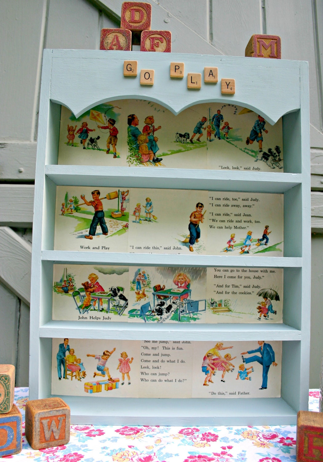 Upcycled Vintage Wood Shelf With 1952 Children's Reader Pages and Scrabble Tiles for Kid's Room