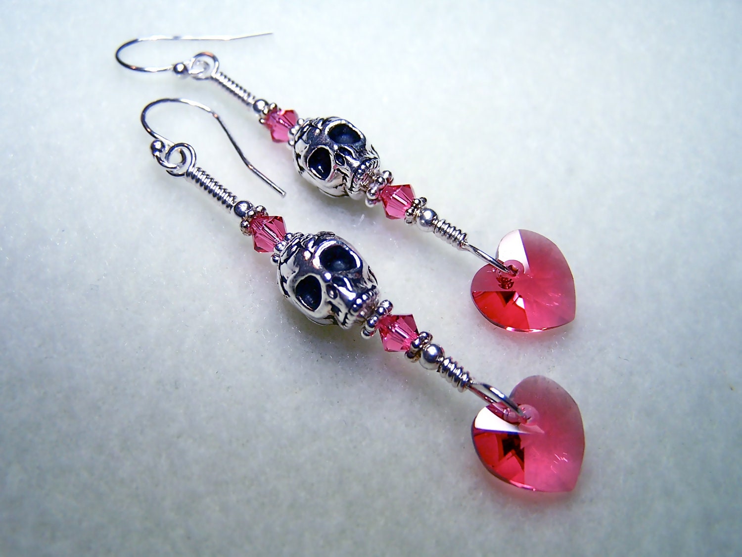 Skull Jewelry - Skull Earrings - Heart Earrings with Pink Swarovski Crystal Hearts - Handmade - Wire Wrap