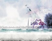 Love birds art, Drawing and illustration, Love couple, Flamingo art, Landscape print