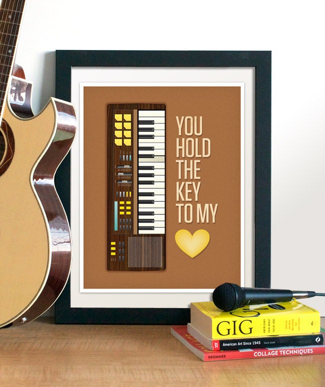 Retro Keyboard Poster Print. Vintage Woodgrain Keyboard Piano. Typography Art. Music Geek Love Print. You Hold the Key to my Heart 11x14