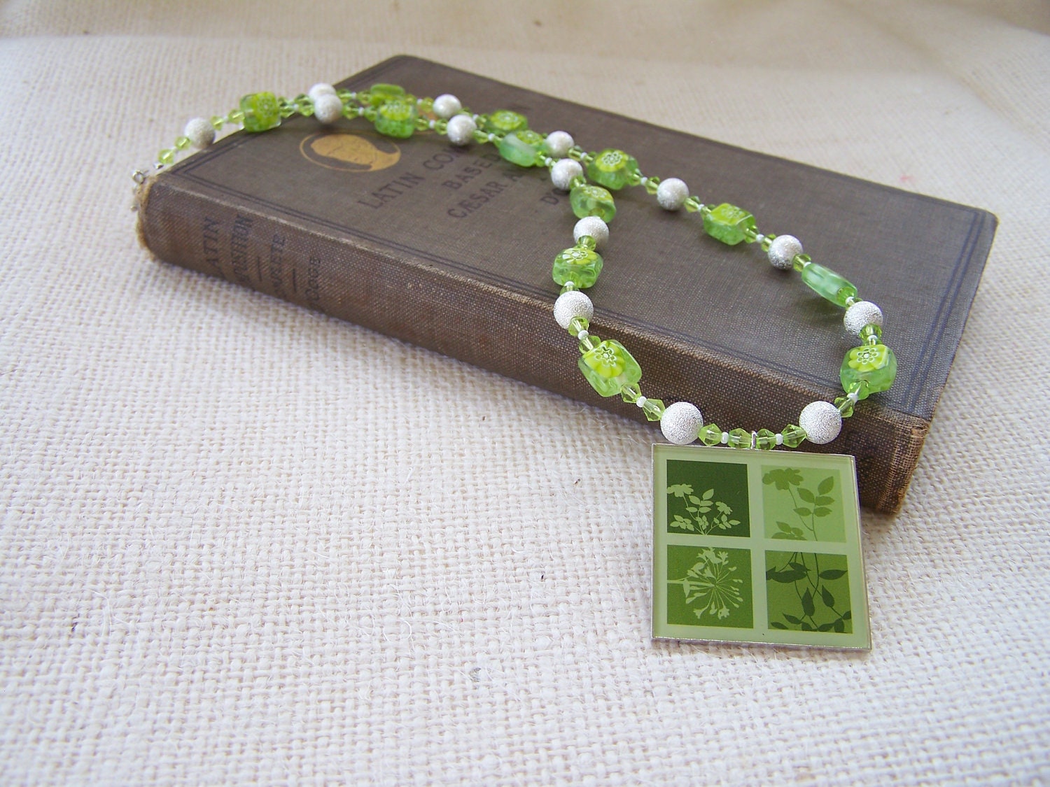 Green and Silver Beaded Necklace with Flower Pendant - Handmade Jewelry - Spring Jewelry - OOAK - Ready to Ship