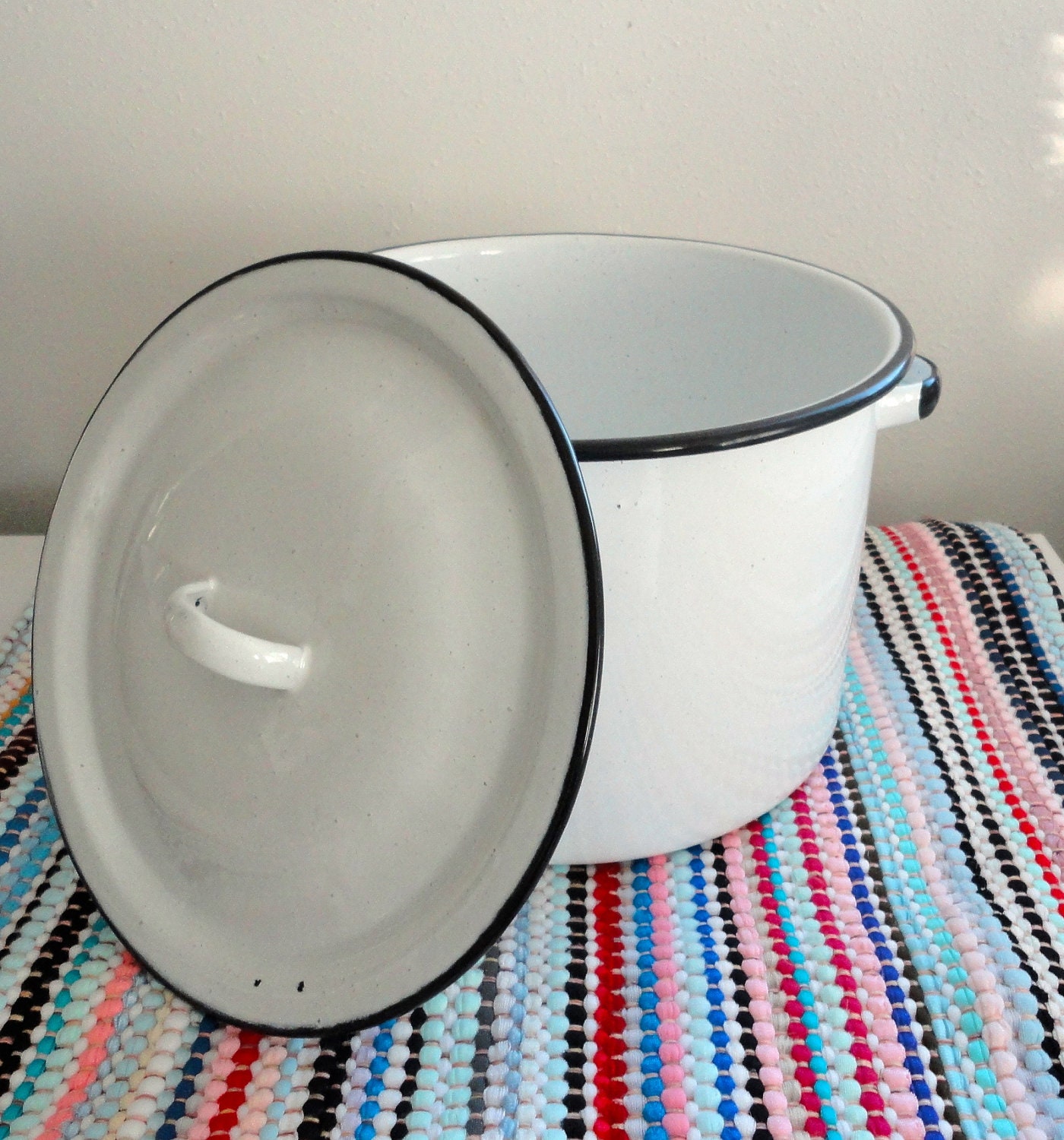 Reserved for Karen ////// White and black Enamel Pot Enamelware Cottage Chic Decor