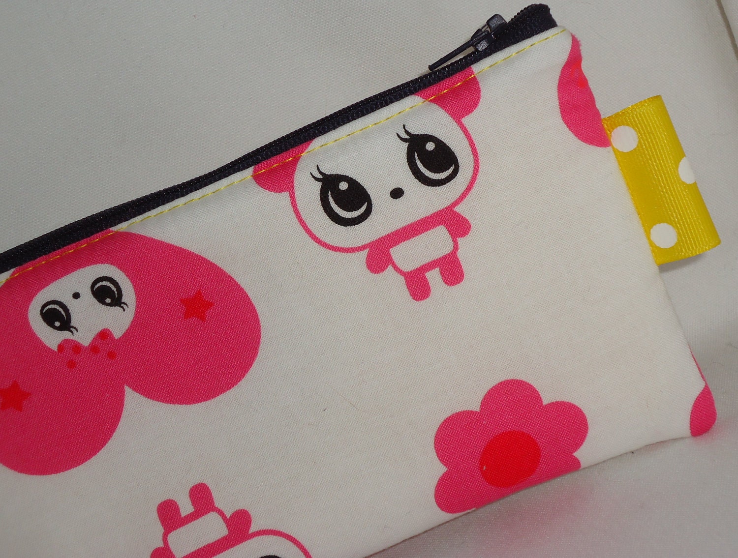 Large Sized Sweet Love Panda Padded Zippered Pouch --- Pink Cosmetic Case /Clutch/ Pencil Case