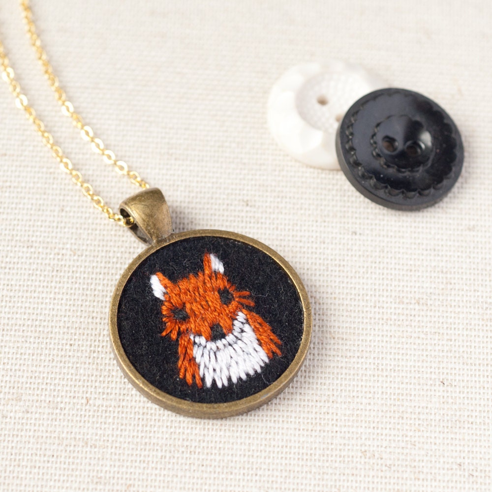 Fox Necklace Embroidered Felt - Woodland Animal Portrait - InStyle Magazine
