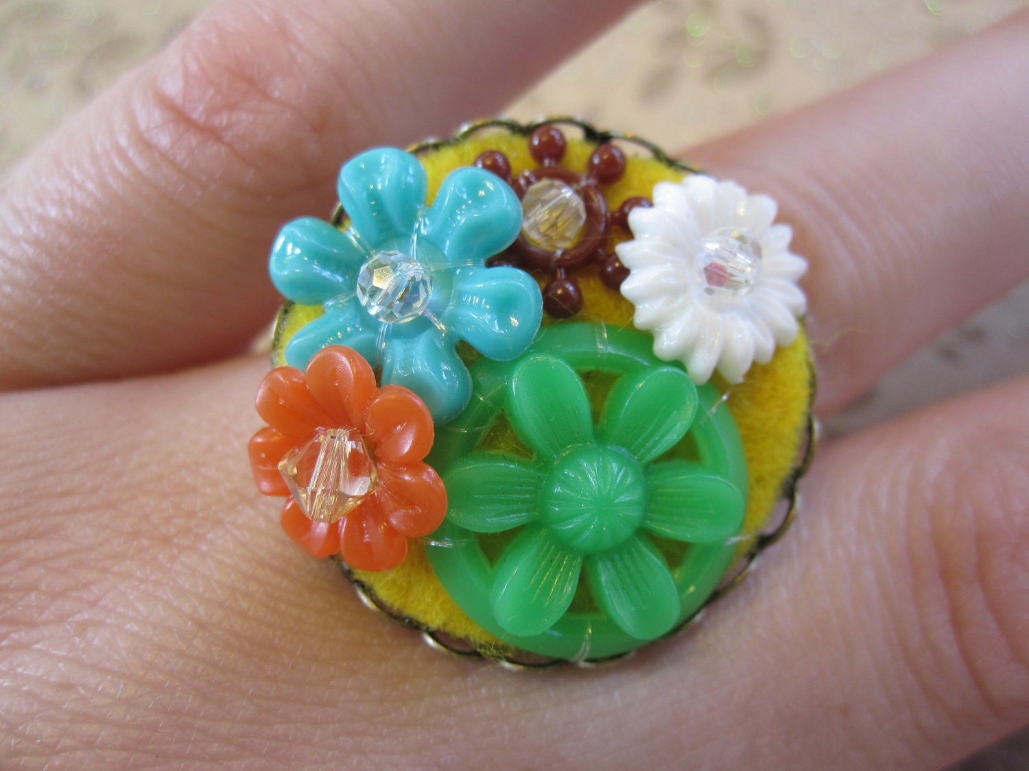 Vintage Plastic Flower Collage - Adjustable Ring