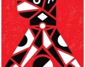 Screenprint Dog Art Print Poster - Let's Play, Happy Dog Playing Ball Totem silkscreen art print