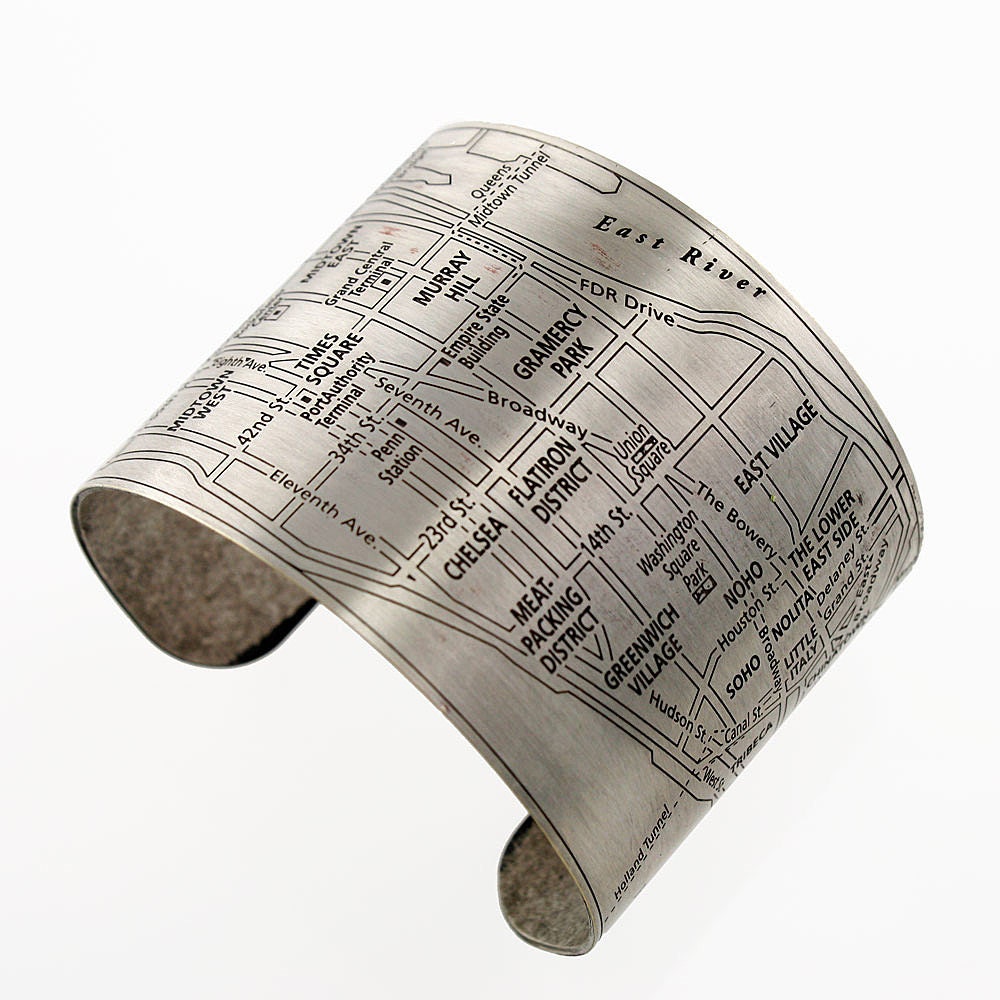 New York Cuff, NYC Cuff, Brass Cuff, Etched Cuff Bracelet, Original Art - MANHATTAN NEIGHBORHOODS - Antique Silver - Free usa Shipping
